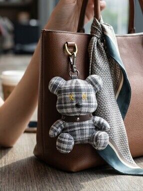 Plaid Bear Faux Leather Keychain Bag Charm in Grey and White
